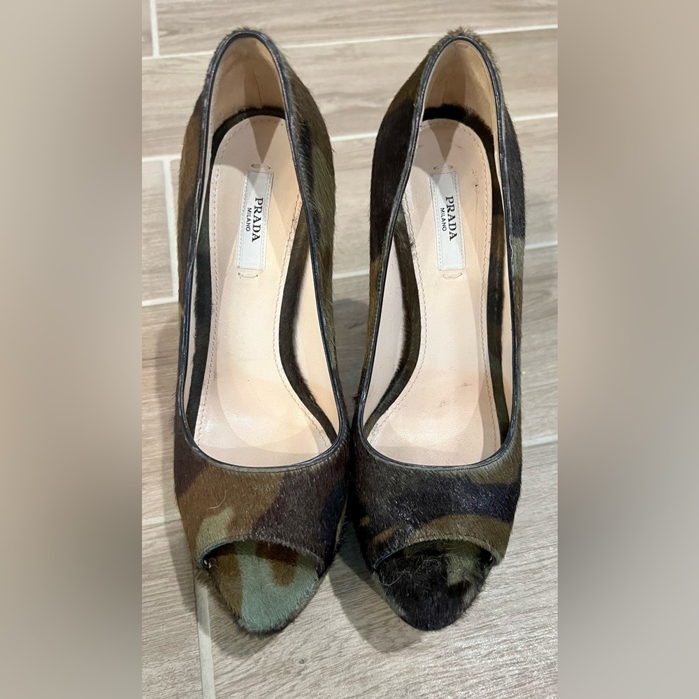 Prada open toed camo pumps
